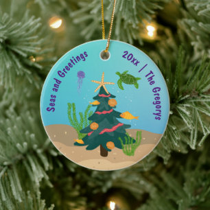 Custom Funny Seas and Greetings Ocean Holiday 2024 Ceramic Tree Decoration