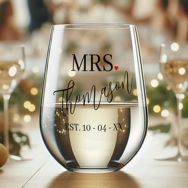 Custom Future Mrs Name Red Heart Black Text Font Stemless Wine Glass (Creator Uploaded)