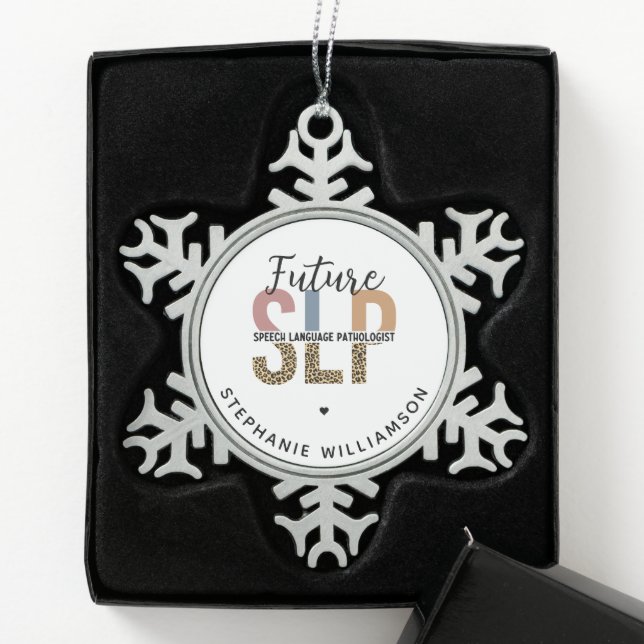 Custom Future SLP Speech Pathologist Leopard Print Snowflake Pewter Christmas Ornament (Box)