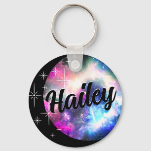 Custom Galaxy Nebula Moon and Stars Name Black  Key Ring