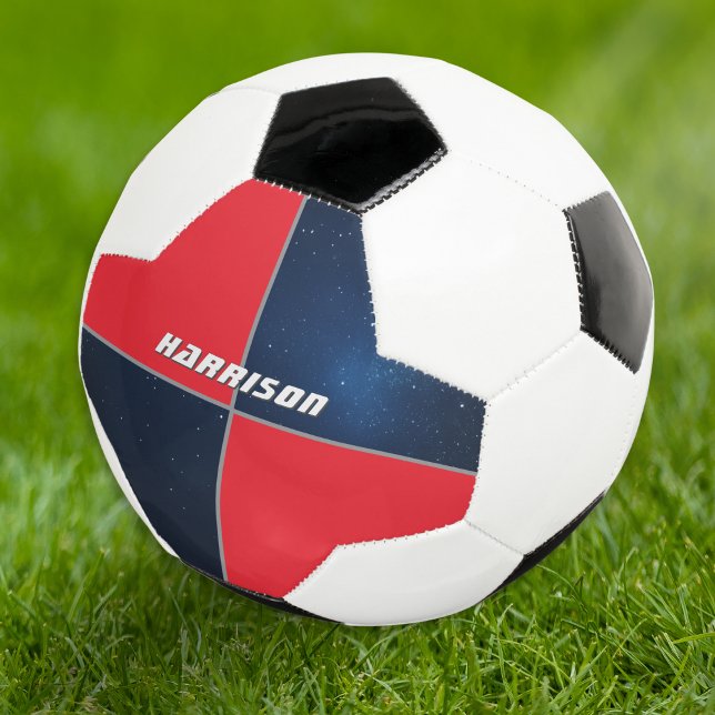 Custom Galaxy Space Personalised Soccer Ball (A soccer ball with bright red and blue night sky sections, and customizable name in modern lettering)