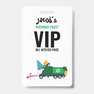 Custom Garbage Truck Birthday Party Pass Favour  ID Badge