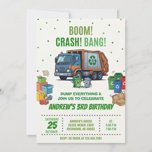 Custom Garbage Truck Vehicle Birthday Invitation (Front)