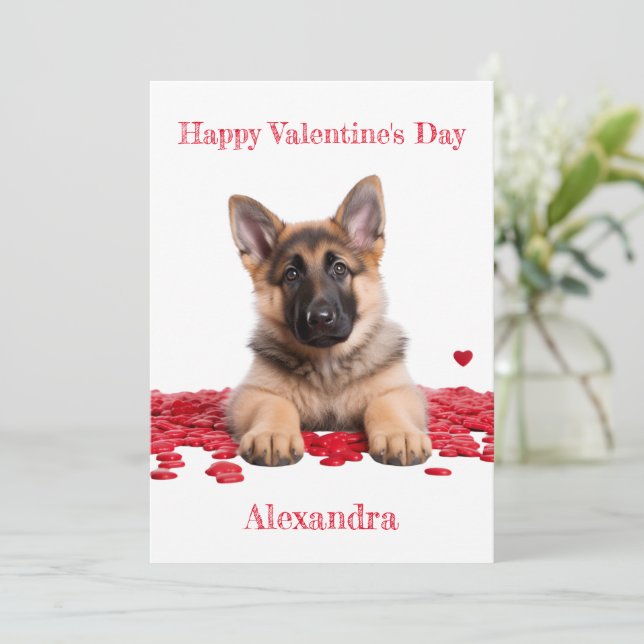 Custom German Shepherd Puppy on Hearts Valentine Holiday Card (Standing Front)