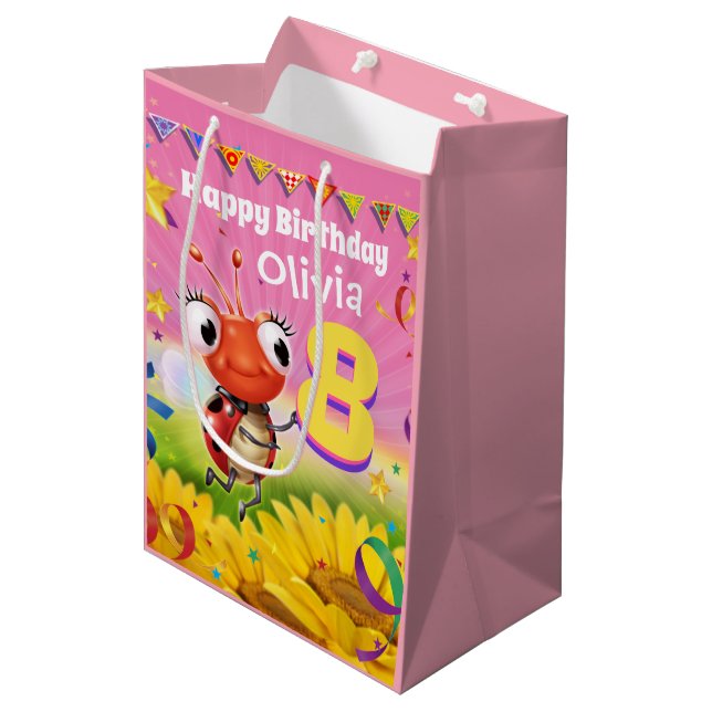 Custom Gift Bag for girl's 8th birthday - Ladybug (Front Angled)
