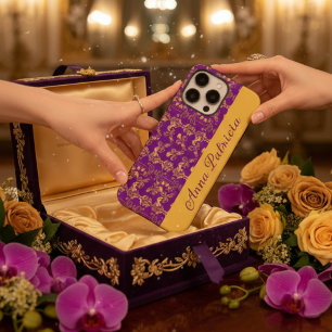 Custom Gift Royal Purple Gold Baroque Floral Name iPhone 16 Pro Max Case