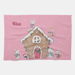 Custom Gingerbread House Ice Skating Snowy Day   Tea Towel