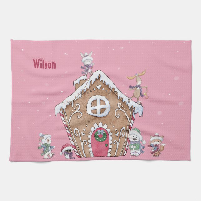 Custom Gingerbread House Ice Skating Snowy Day   Tea Towel (Horizontal)