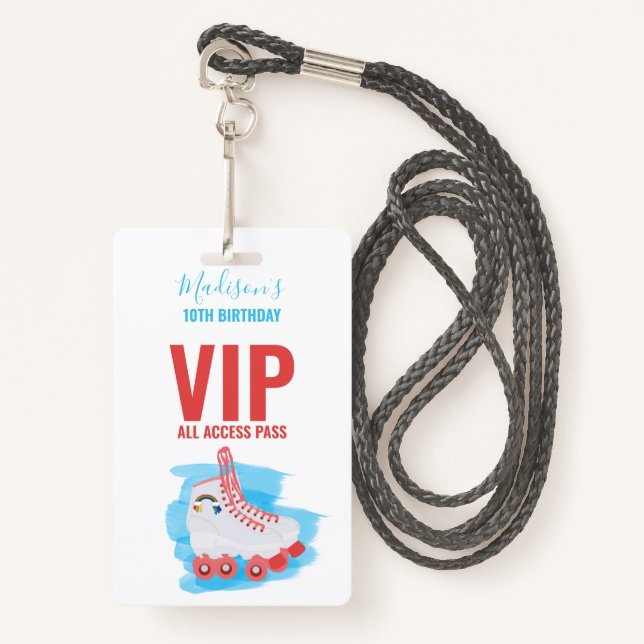 Custom Girl Birthday Party Roller Blading VIP Pass ID Badge (Front with Lanyard)