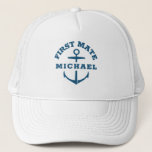 Custom Girl First Mate Boat Anchor Navy Blue Hat<br><div class="desc">Custom boat hat with a navy blue nautical anchor reading FIRST MATE and your personalised name. Great gift for a boating trip,  your own sailboat,  yacht,  or family boat crew.</div>