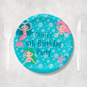 Custom Girl Name Kids Mermaid Birthday Party Paper Plate