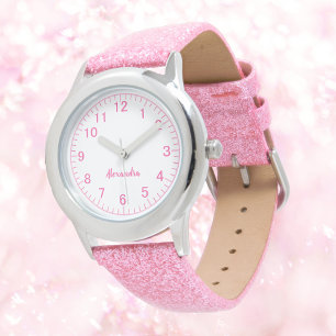 Custom Girl Name Pink Glitter Strap Kid Watch