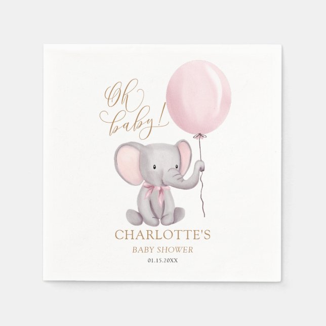 Custom Girl Pink Balloon Cute Elephant Baby Shower Napkin (Front)