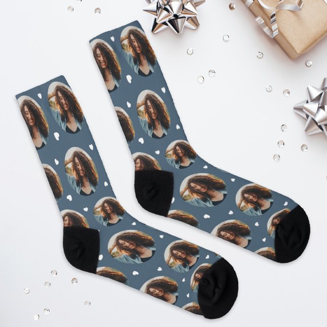 Custom Girlfriend Photo Slate Blue Love Socks (Creator Uploaded)