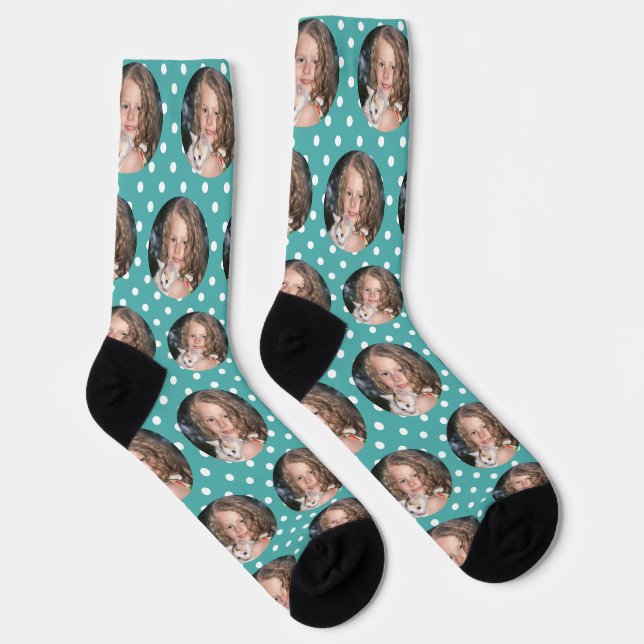 Custom Girlfriend Photo Teal Blue Polka Dots Love Socks (Right)