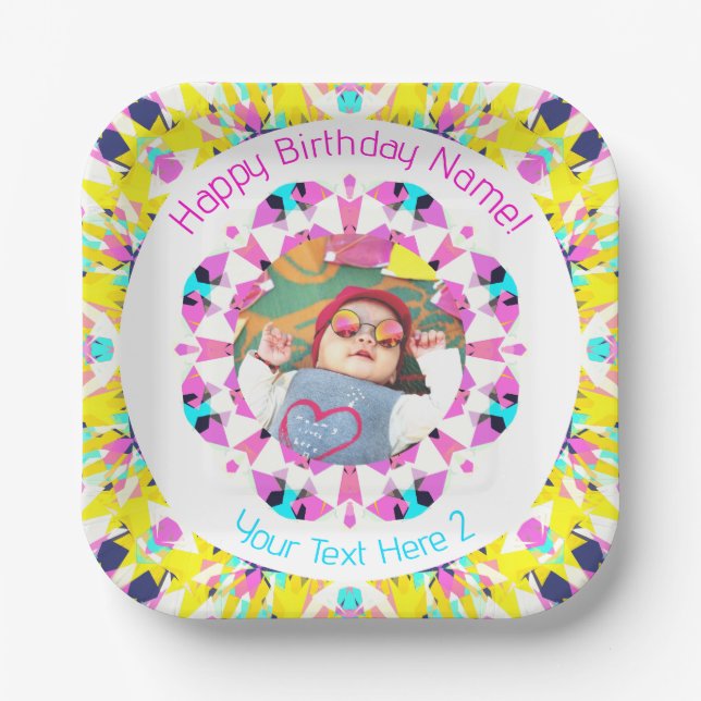 Custom Girls Boys Happy Birthday Yellow Star Photo Paper Plate (Front)