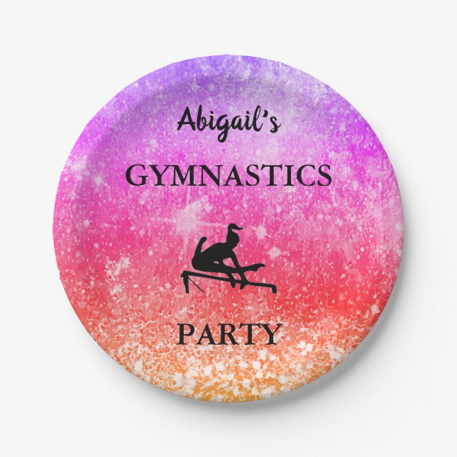 CUSTOM Girls Gymnastics Birthday Party RAINBOW Paper Plate (Front)