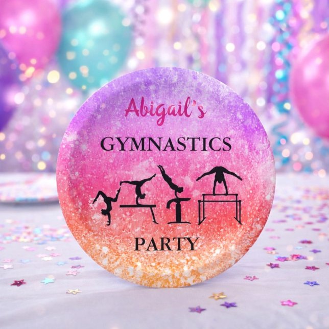 Custom Girls Gymnastics Birthday Rainbow Sparkle Paper Plate (Creator Uploaded)