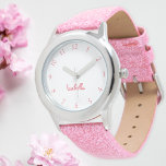 Custom Girls Name Pink Glitter Strap Kids Watch<br><div class="desc">Custom, personalised, kids girls fun cool girly pink glitter strap, stainless steel case, wrist watch. Simply type in the name. Go ahead create a wonderful, custom watch for the lil princess in your life - daughter, sister, niece, grandaughter, goddaughter, stepdaughter. Makes a great custom gift for birthday, graduation, christmas, holidays,...</div>