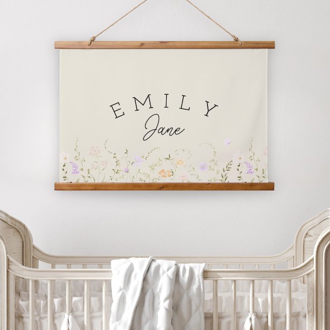 Custom Girls Name Sign Wildflower Nursery Decor Hanging Tapestry (Wildflower Nursery Baby Name Sign)