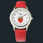 Custom girl's watch with cute red strawberry image<br><div class="desc">Custom kid's watch with cute red strawberry image design. Personalizable wrist watches for children. Unqiue Birthday gift idea for girls. Create one for special daughter, granddaughter, cutest cousin, friend, child, grandchild, little or big sister, mum, vegetarian etc. Fun fruit design with numbers and elegant typography template. Also nice as Christmas...</div>