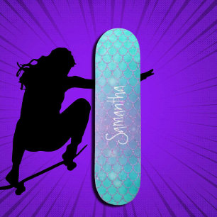 Custom Girly Glitter Mermaid Blue and Pink Skateboard