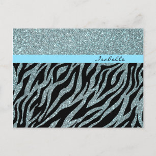 Custom Girly Glitter Silver Teal Zebra Glam Name Postcard