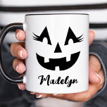 Custom Girly Jack O Lantern Pumpkin Face Halloween Mug<br><div class="desc">Celebrate Halloween in style with this girly custom pumpkin face coffee mug that can personalised with a name in black script. This fun jack o lantern design has a bright toothy grin and fabulous eyelashes!</div>