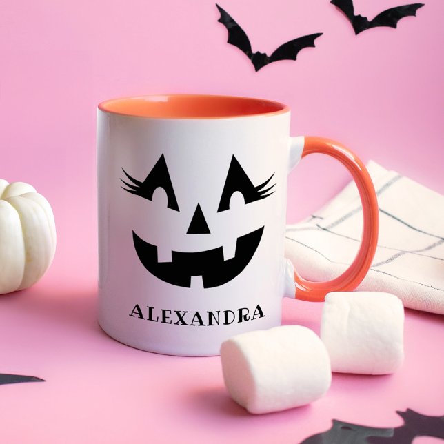 Custom Girly Jack O Lantern Pumpkin Face Halloween Mug (Creator Uploaded)