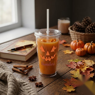 Custom Girly Jack O Lantern Pumpkin Halloween Acrylic Tumbler