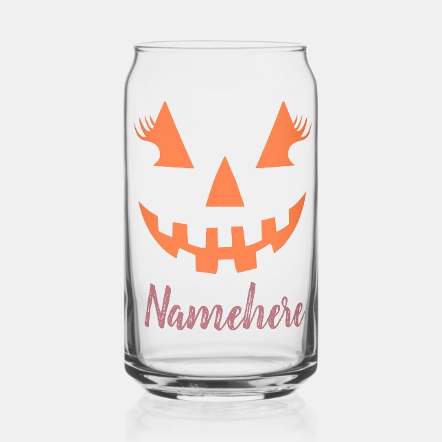 Custom Girly Jack O Lantern Pumpkin Halloween Can Glass (Front)