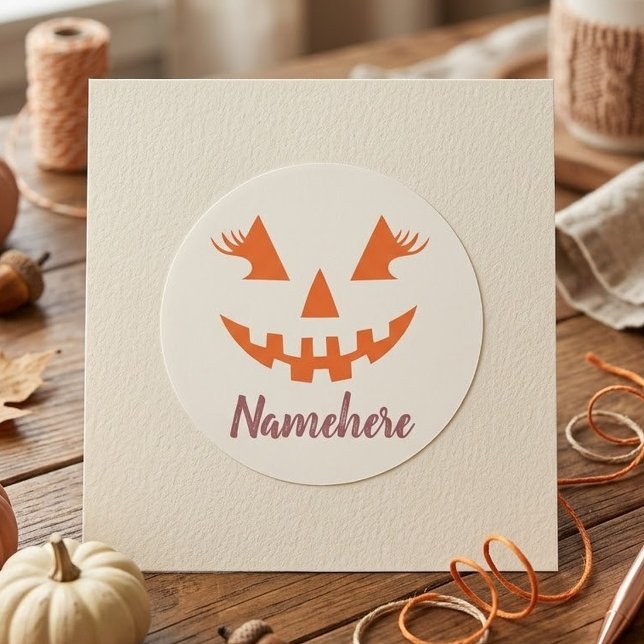 Custom Girly Jack O Lantern Pumpkin Halloween Classic Round Sticker (Creator Uploaded)