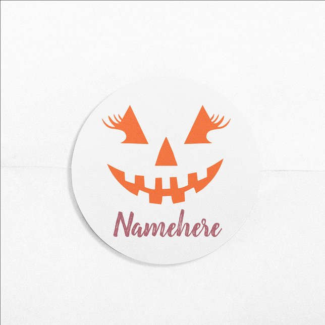 Custom Girly Jack O Lantern Pumpkin Halloween Classic Round Sticker (Creator Uploaded)