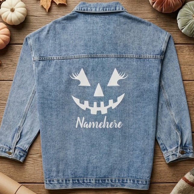 Custom Girly Jack O Lantern Pumpkin Halloween Denim Jacket (Creator Uploaded)