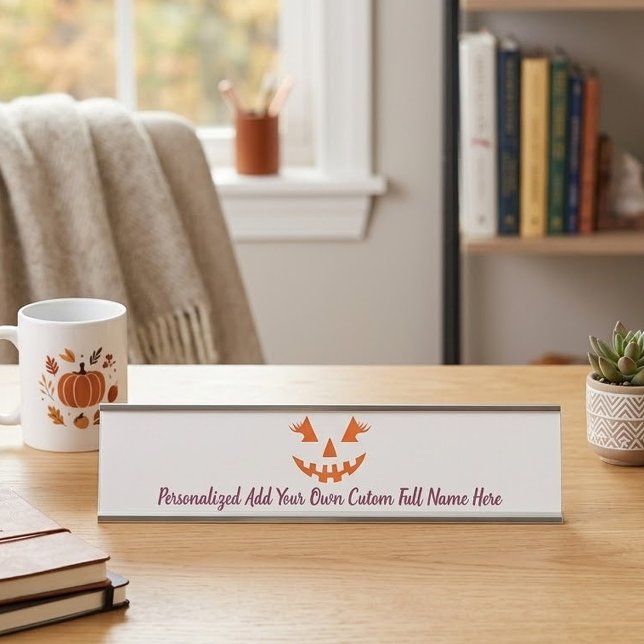 Custom Girly Jack O Lantern Pumpkin Halloween Desk Name Plate (Creator Uploaded)