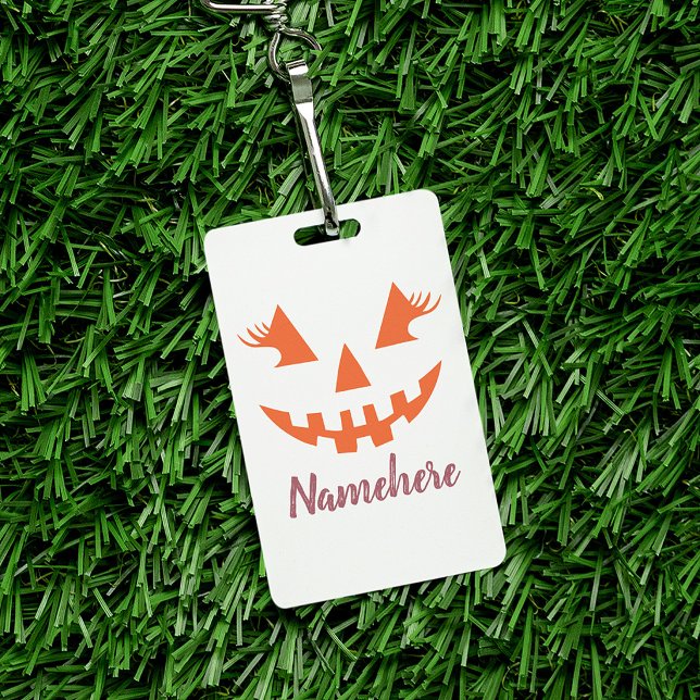 Custom Girly Jack O Lantern Pumpkin Halloween ID Badge (Creator Uploaded)