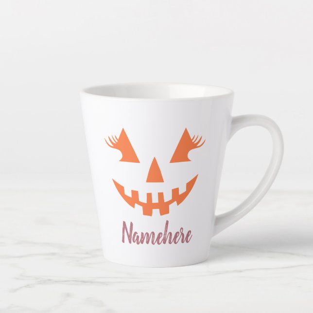Custom Girly Jack O Lantern Pumpkin Halloween Latte Mug (Right)
