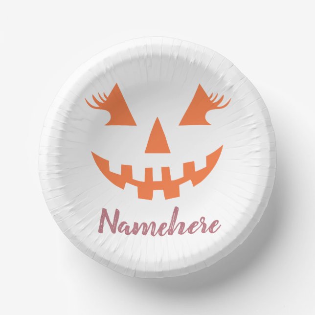 Custom Girly Jack O Lantern Pumpkin Halloween Paper Plate (Front)