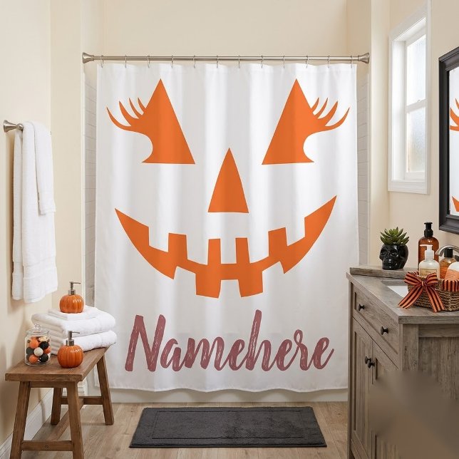 Custom Girly Jack O Lantern Pumpkin Halloween Shower Curtain (Creator Uploaded)