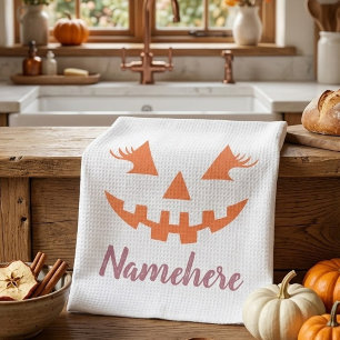 Custom Girly Jack O Lantern Pumpkin Halloween Tea Towel
