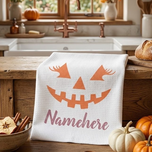 Custom Girly Jack O Lantern Pumpkin Halloween Tea Towel (Creator Uploaded)