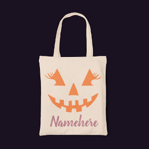Custom Girly Jack O Lantern Pumpkin Halloween Tote Bag