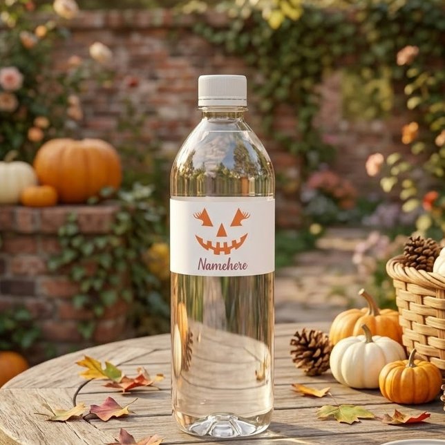 Custom Girly Jack O Lantern Pumpkin Halloween Water Bottle Label (Creator Uploaded)