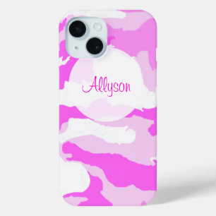 Custom Girly Pink and White Camouflage Pattern iPhone 15 Case