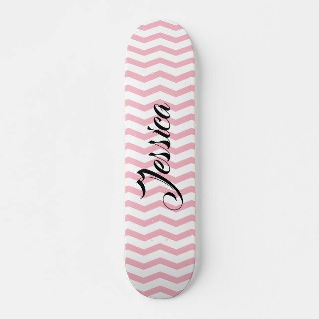 Custom girly pink chevron pattern skateboard deck (Front)