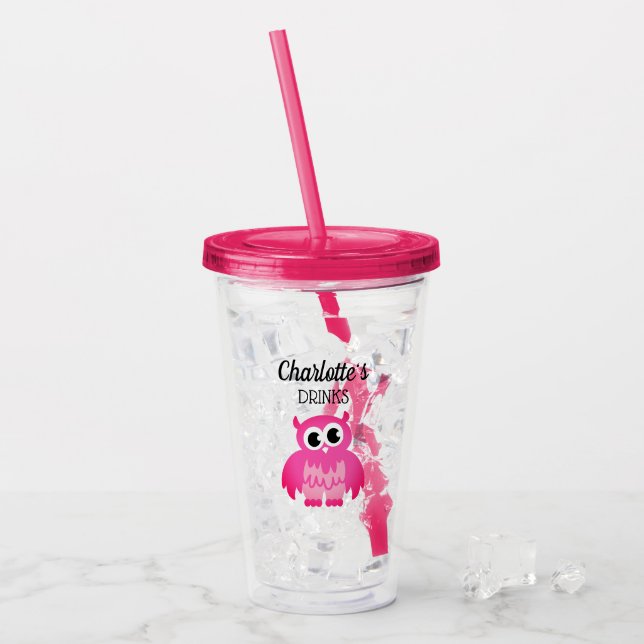 Custom girly pink owl kid's plastic tumbler glass (Front Ice)