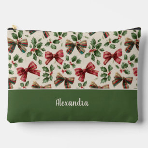 Custom Girly Red Bows with Holly Christmas Pattern Accessory Pouch