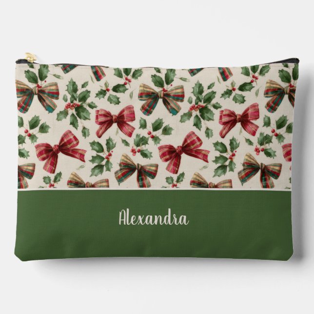 Custom Girly Red Bows with Holly Christmas Pattern Accessory Pouch (Front)