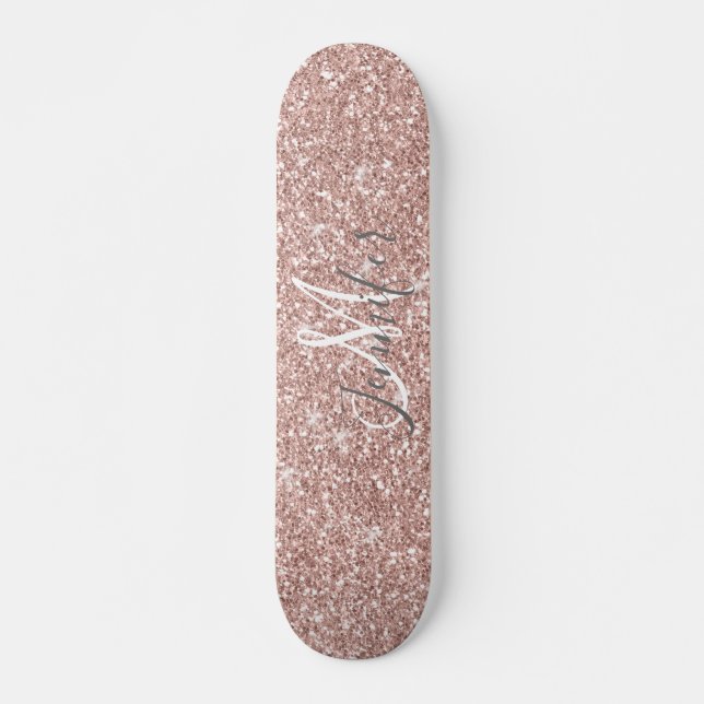 Custom Girly Rose Gold Glitter Monogram Name Skateboard (Front)