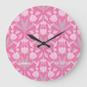 Custom girly rose pink Scandi hummingbirds floral Large Clock